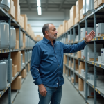 Homme comparant deux chauffe-eau électriques en magasin