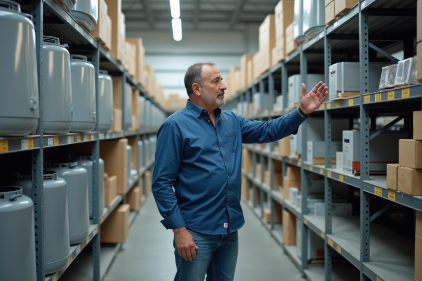 Homme comparant deux chauffe-eau électriques en magasin