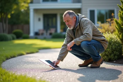 Homme d'âge moyen sur un patio en béton exposé avec tablette