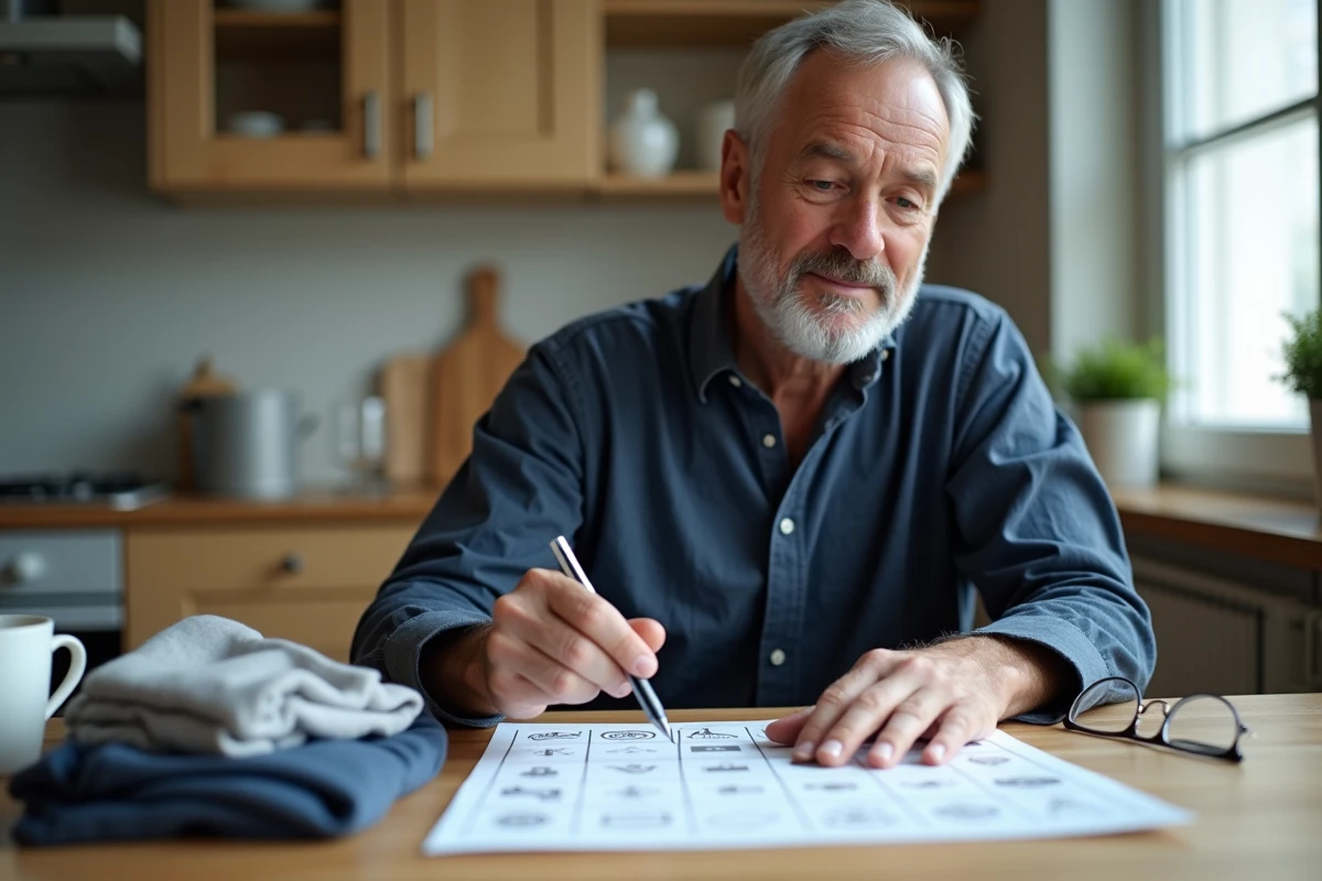 Homme consultant un tableau plastifié de pictogrammes lessive imprimé à table dans une cuisine domestique