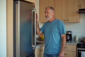 Homme d'âge moyen écoutant près du frigo moderne en cuisine