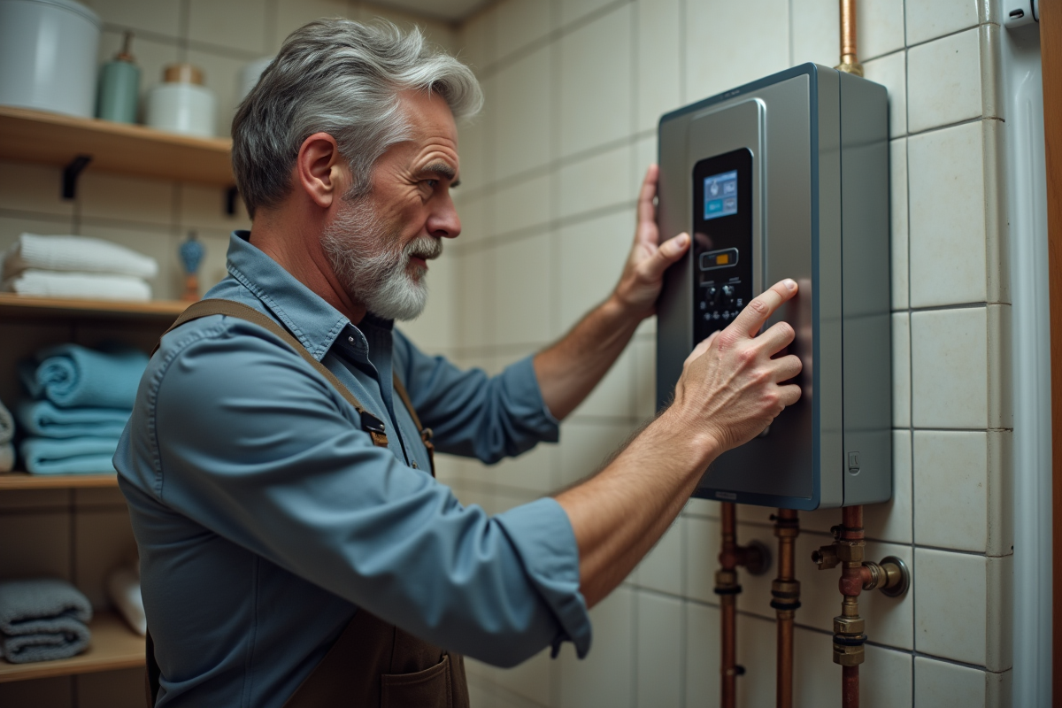 Homme vérifiant une chaudière à eau moderne dans une pièce pratique