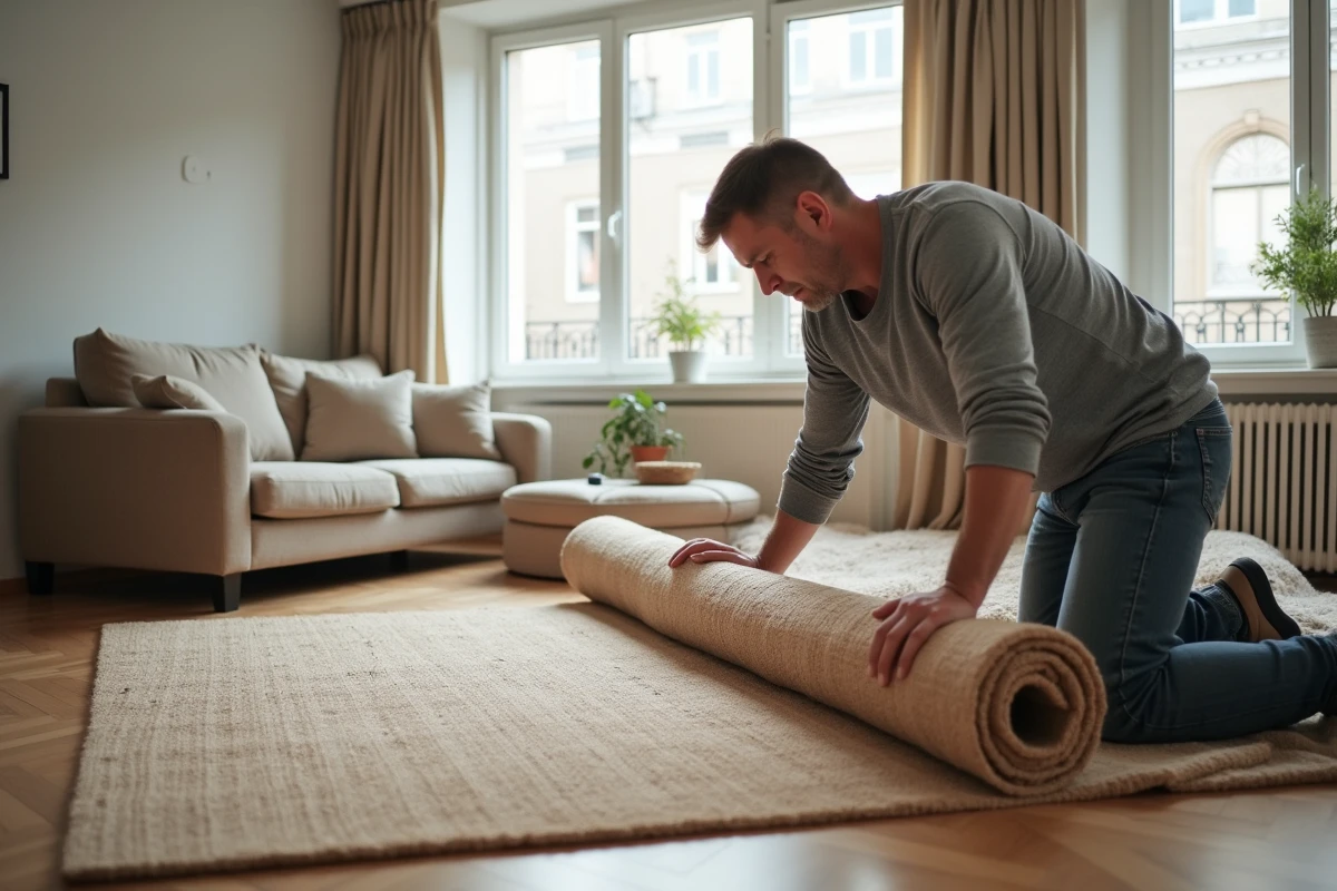 Homme enroulant un grand tapis beige dans son appartement avant envoi au nettoyage 5 à sec