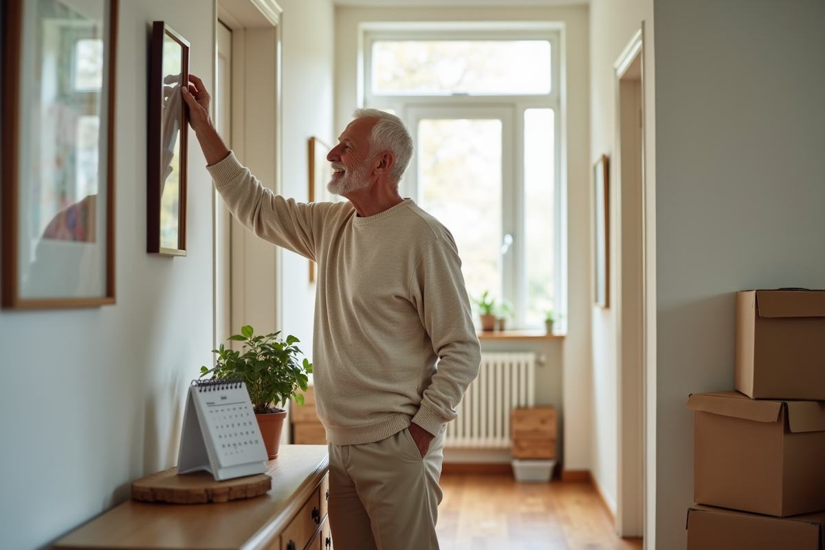 Homme âgé accrochant une photo de famille dans son nouveau logement