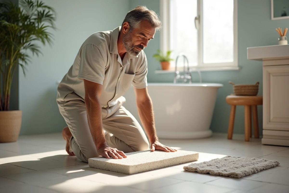 Homme regardant un tapis en pierre dans la salle de bain