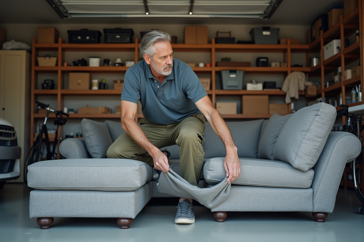 Homme vérifiant un canapé gris dans un garage organisé