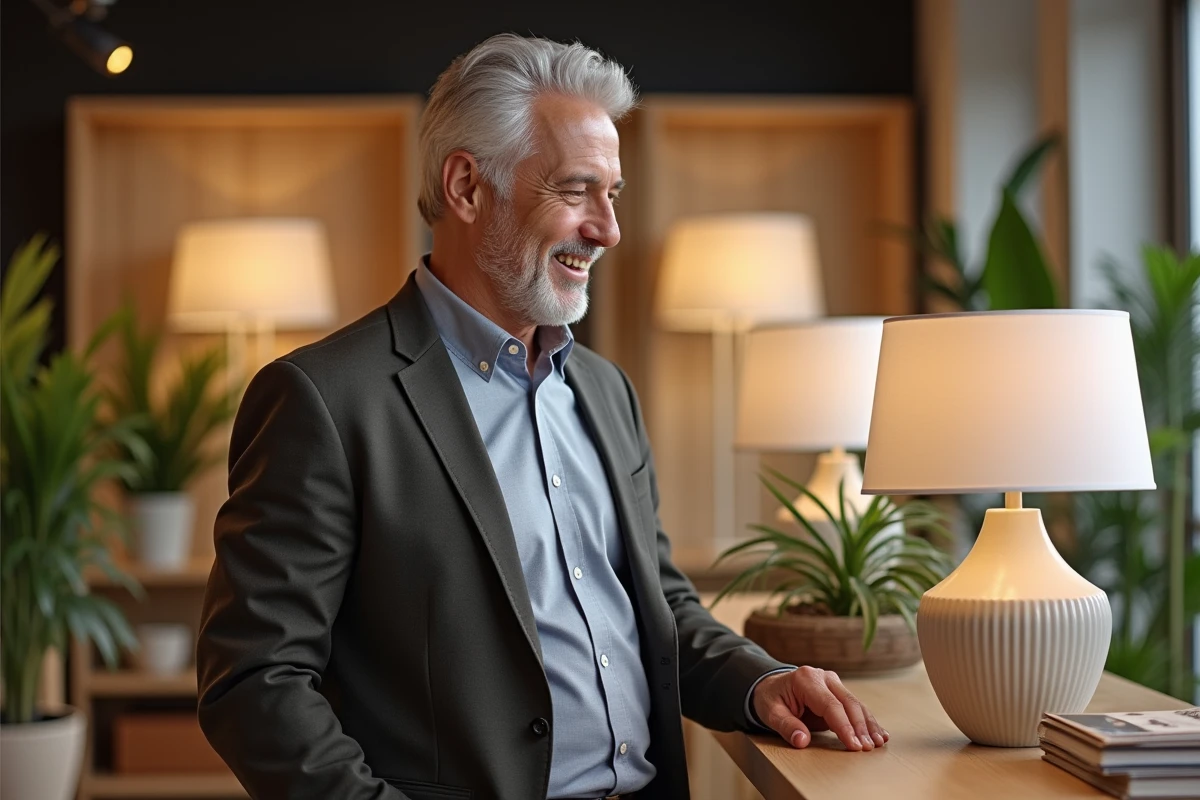 Homme examinant une lampe en magasin de décoration haut de gamme