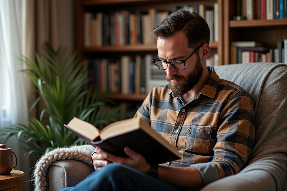Homme lisant dans une bibliothèque chaleureuse et organisée