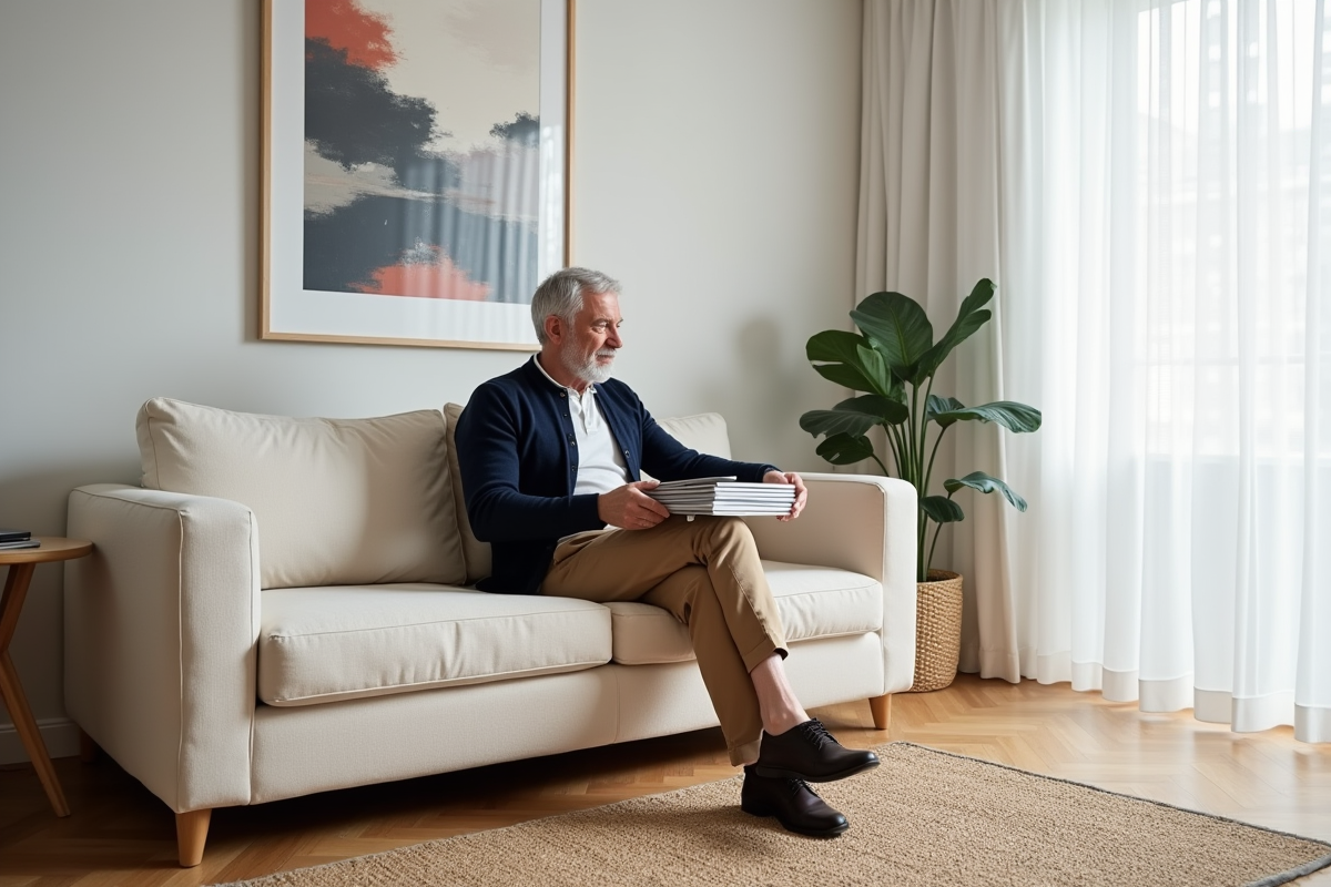 Homme arrangeant magazines sur canapé en appartement scandinave