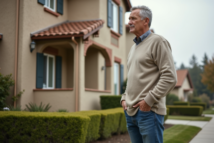 Homme d'âge moyen examine la façade de sa maison ancienne