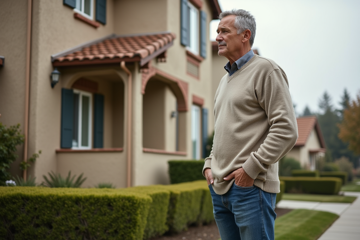 Homme d'âge moyen examine la façade de sa maison ancienne