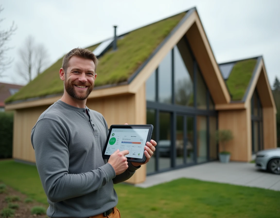 Homme devant une maison passive éco-responsable consultant un simulateur DPE sur tablette
