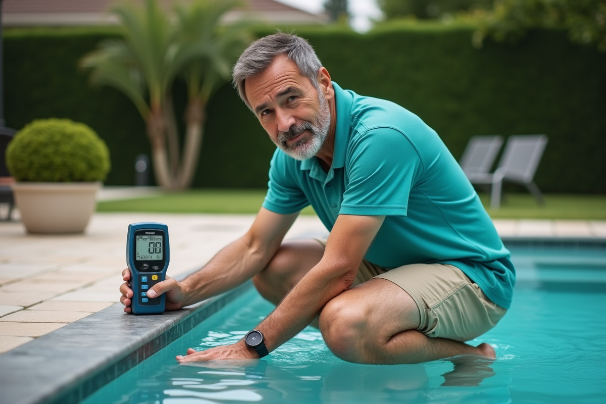Homme mesurant le pH de l'eau de piscine en extérieur