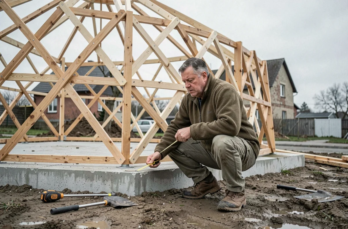 Homme mesurant la structure en bois d'une yourte en cours de montage sur un terrain non aménagé avec des erreurs de planification visibles