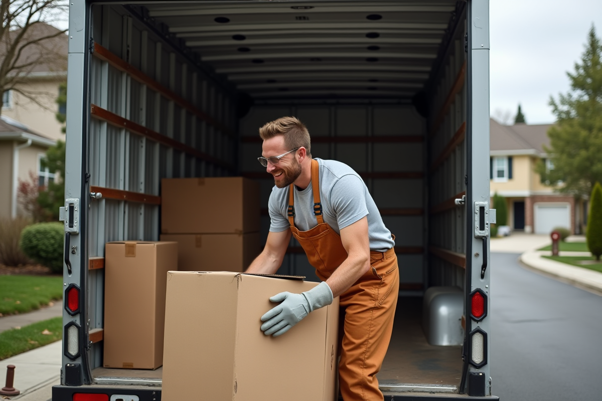 Homme en tenue de travail organisant des meubles dans un camion