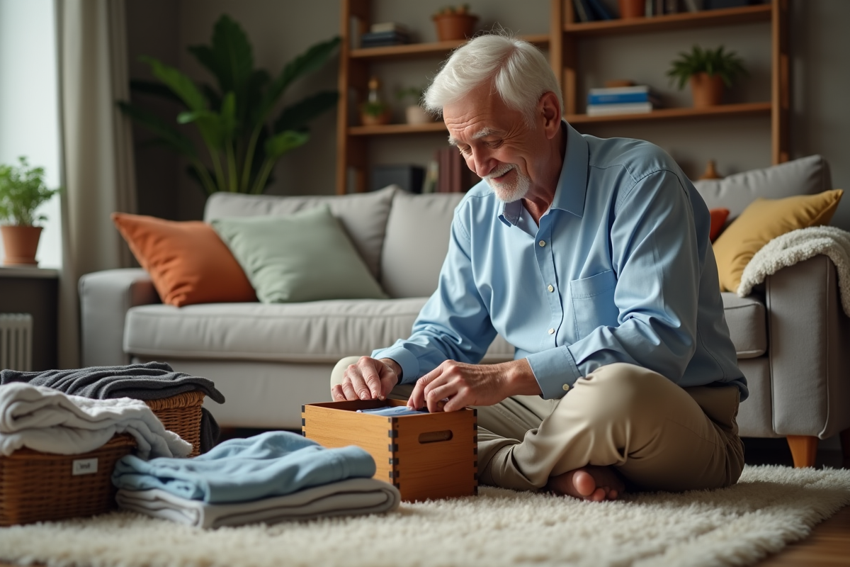 Homme âgé rangeant des souvenirs dans une boîte en bois