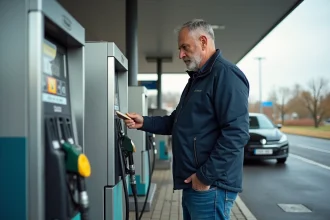 Homme en jeans utilisant une pompe à essence moderne