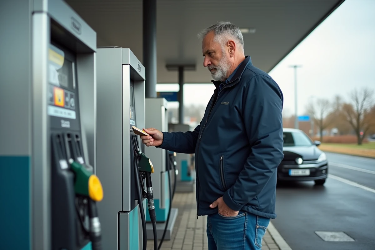 Homme en jeans utilisant une pompe à essence moderne