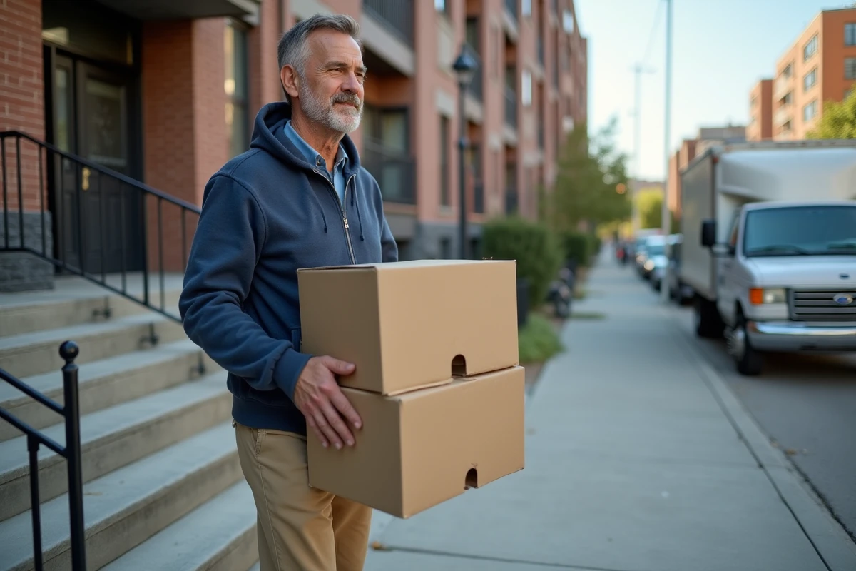 Homme portant des cartons dans une rue urbaine