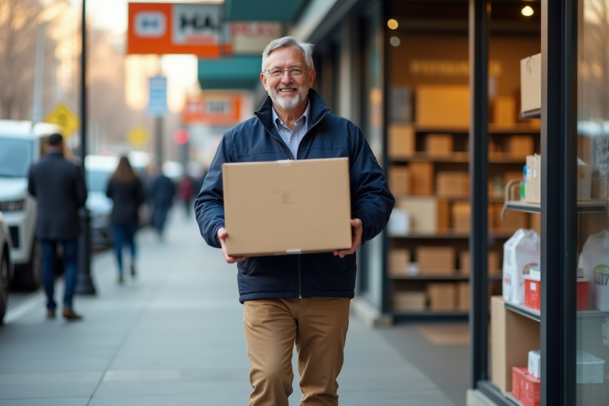 Homme souriant portant des cartons devant un magasin de bricolage