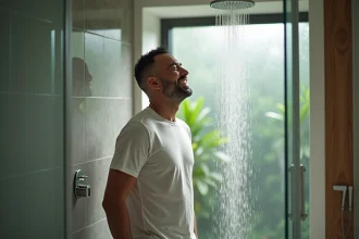 Homme détendu sous une douche écologique moderne