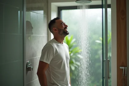 Homme détendu sous une douche écologique moderne