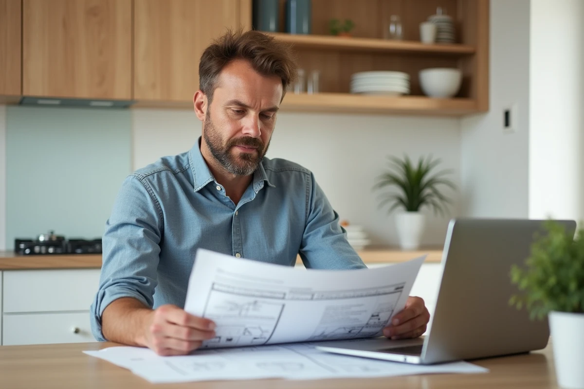 Homme français examine plans de rénovation dans une cuisine moderne