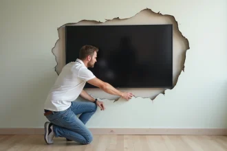 Homme d'âge moyen examine un mur endommagé avec télévision détachée