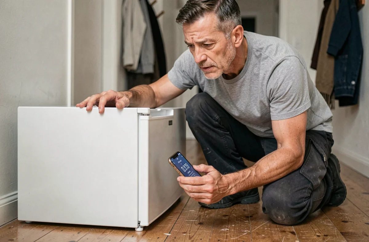 Homme vérifiant un réfrigérateur couché sur le sol d'un couloir en consultant un minuteur sur son téléphone