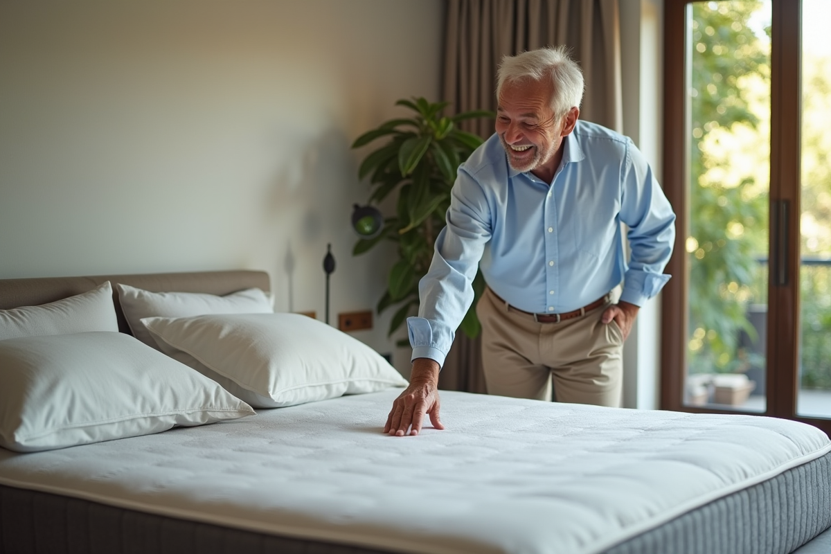 Homme d age vérifie la fermeté d un matelas dans une chambre moderne