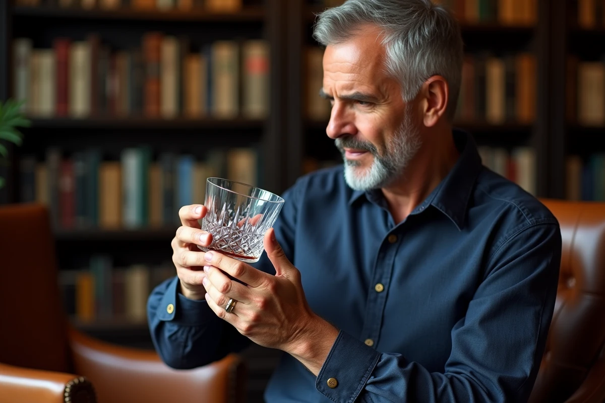 Homme tenant admirativement un verre à whisky japonais Edo Kiriko en cristal taillé à la main dans une bibliothèque chaleureuse
