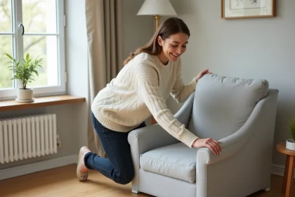 Femme installant une housse extensible grise sur un fauteuil usé dans un salon moderne et lumineux
