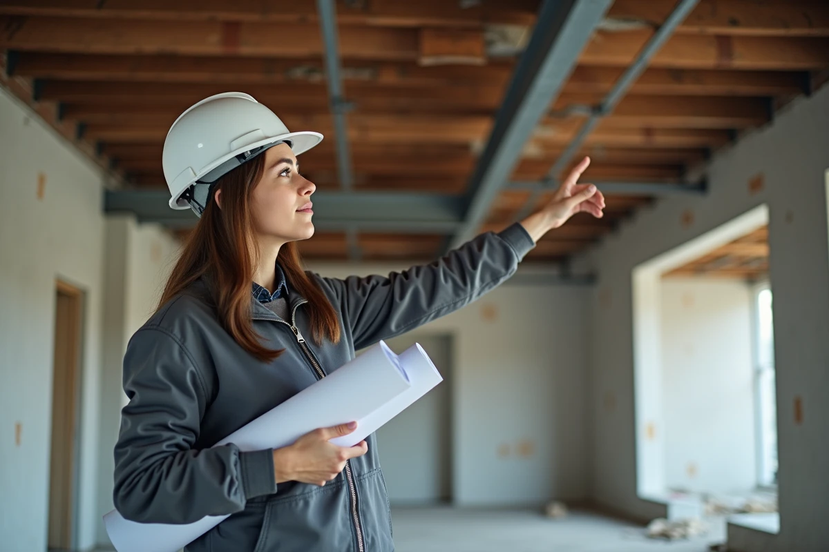 Ingénieure structurelle inspectant une poutre HEA apparente dans un bâtiment en rénovation