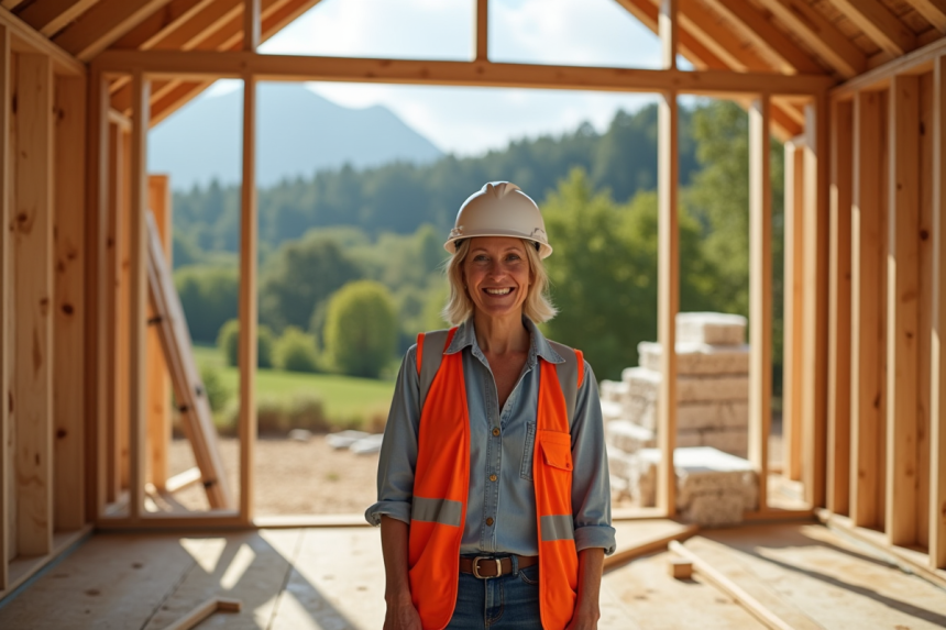 Femme inspectant une maison écologique en construction