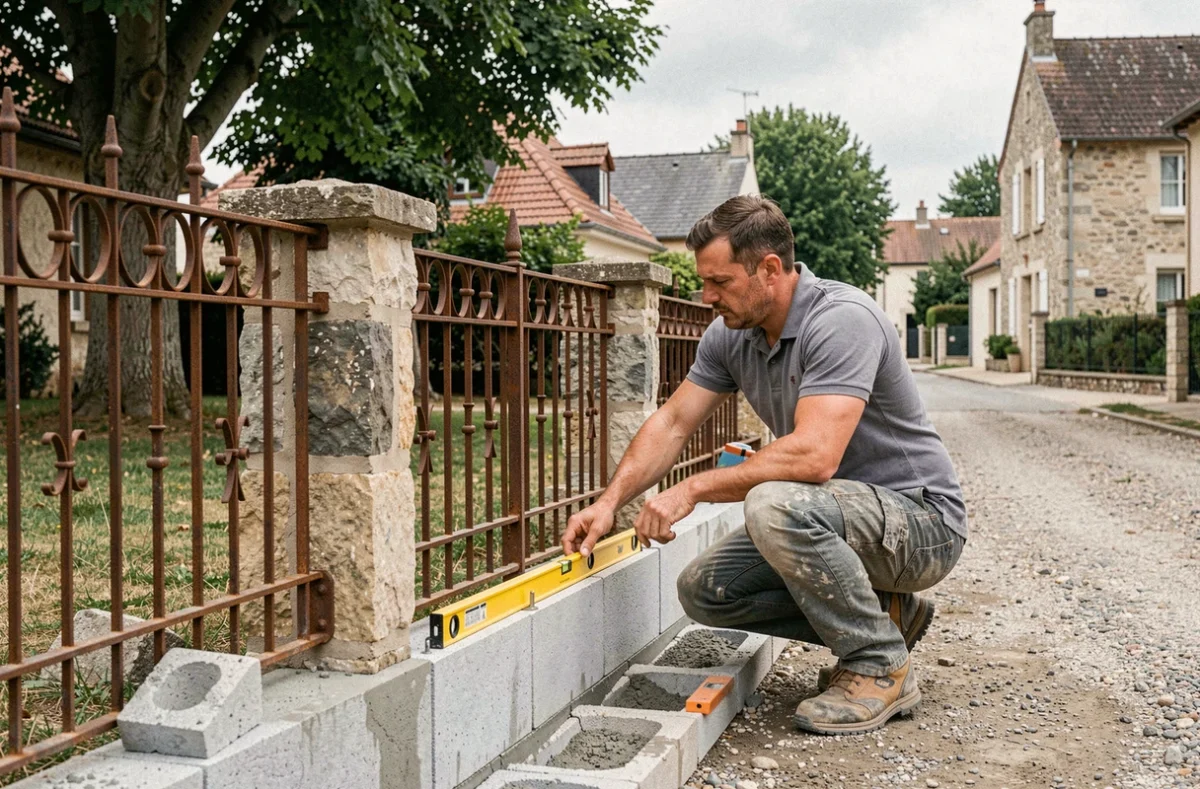 Pose d'une clôture en pierre et fer forgé par un maçon dans un quartier résidentiel français