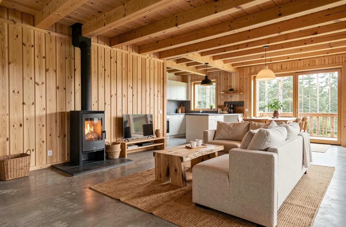 Intérieur chaleureux d'un chalet en bois habitable avec poutres apparentes, poêle à bois et mobilier scandinave