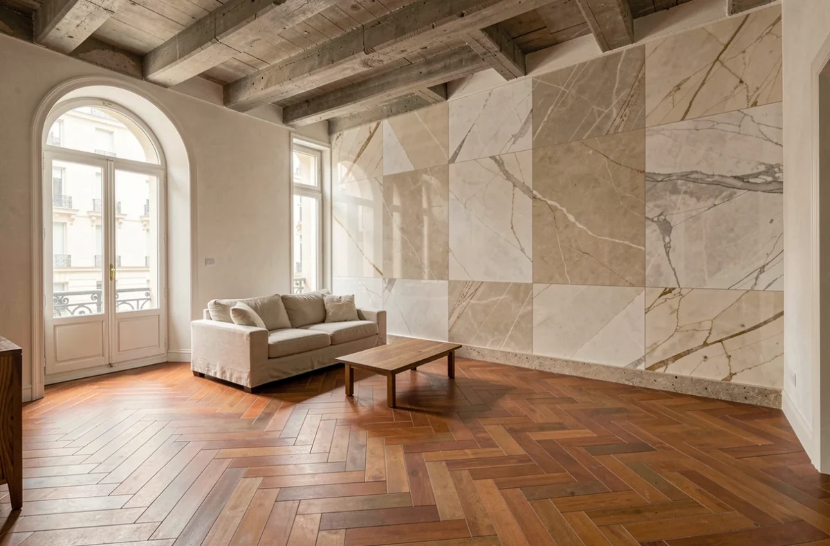Intérieur rénové avec un carrelage en chevron terracotta et des dalles effet marbre dans un appartement haussmannien