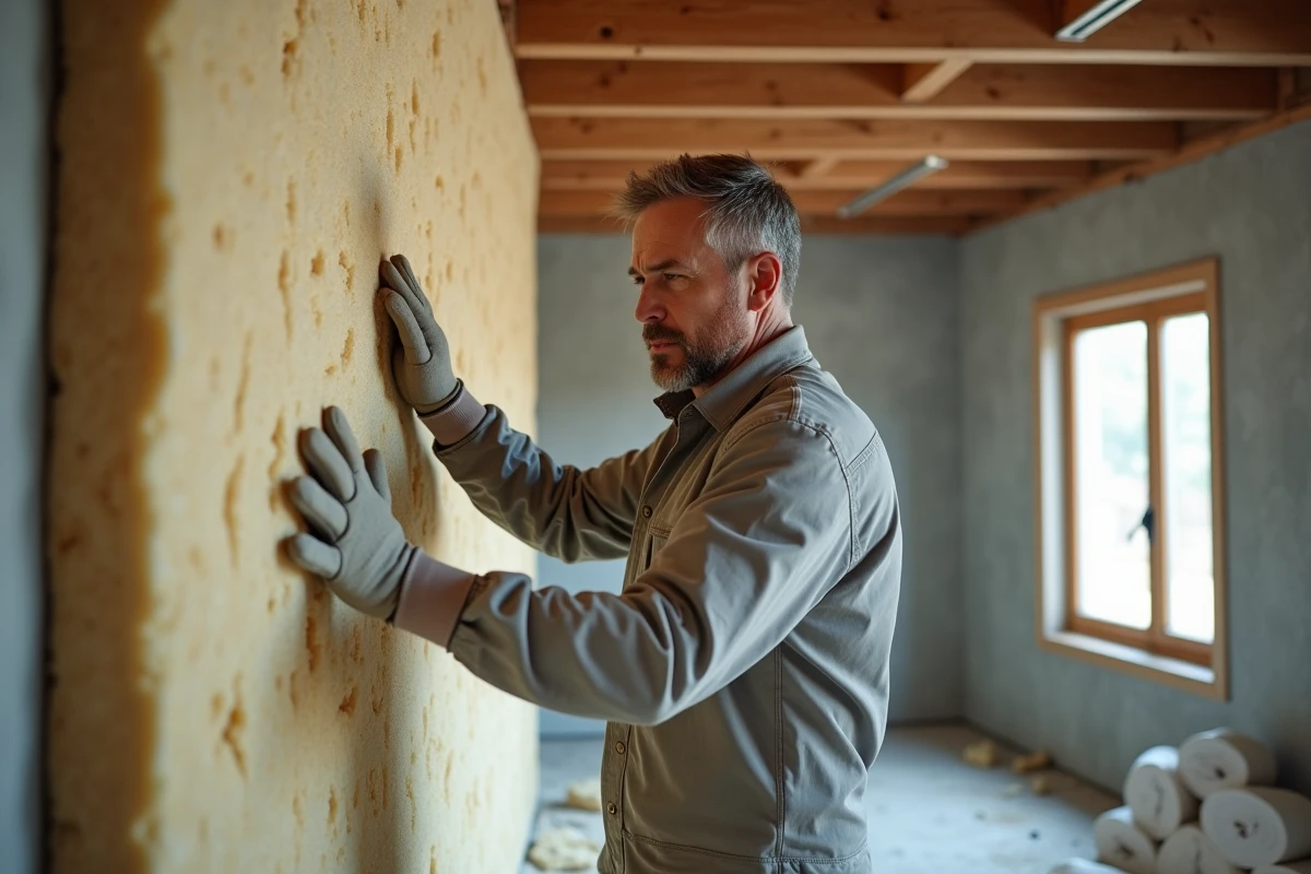 Artisan posant des panneaux d'isolation en laine minérale sur un mur intérieur lors d'un chantier de rénovation énergétique