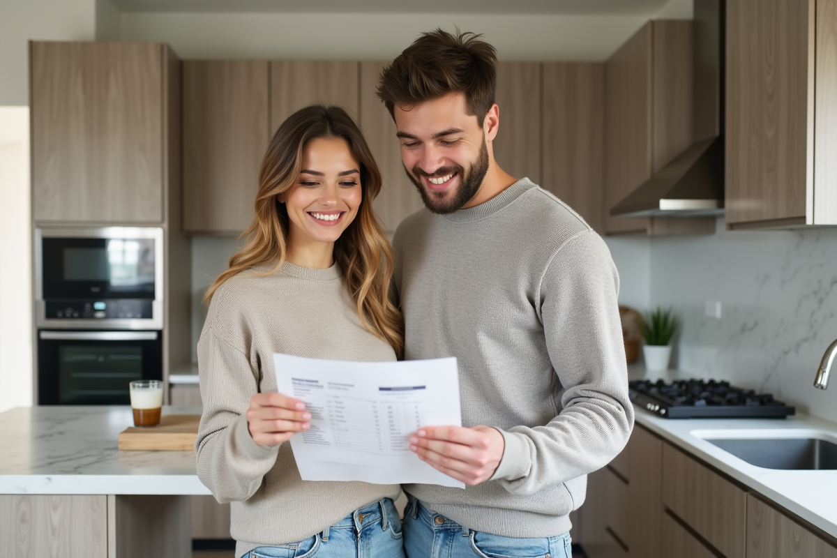 Jeune couple souriant dans leur cuisine neuve et lumineuse