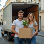 Jeune couple souriant devant un camion de déménagement à Paris
