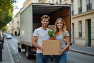 Jeune couple souriant devant un camion de déménagement à Paris