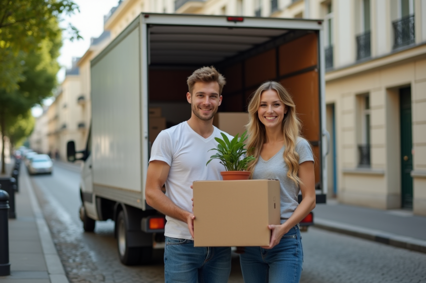 Jeune couple souriant devant un camion de déménagement à Paris