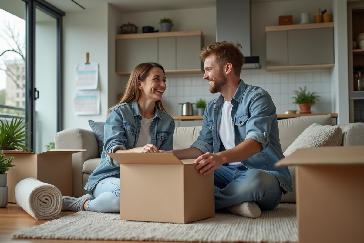 Jeune couple déballant des ustensiles de cuisine dans un appartement
