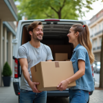 Jeune couple souriant lors d'un déménagement urbain en extérieur