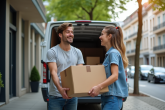 Jeune couple souriant lors d'un déménagement urbain en extérieur