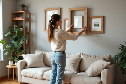 Jeune femme arrangeant des cadres dans un salon cosy