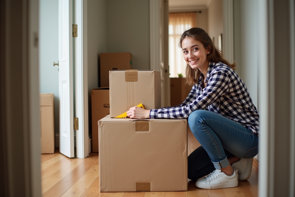 Jeune femme emballant une boîte dans un couloir d'appartement