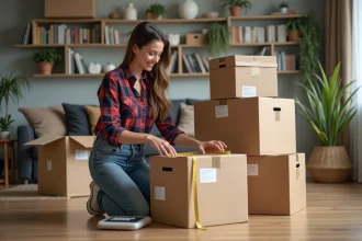 Jeune femme mesurant un grand carton dans un salon chaleureux