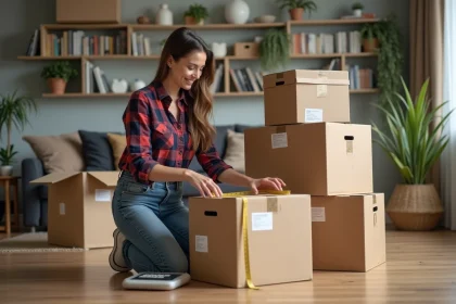 Jeune femme mesurant un grand carton dans un salon chaleureux