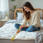 Jeune femme compare un matelas avec un ruban de mesure dans une chambre lumineuse